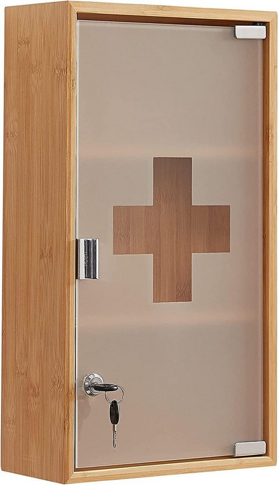 Zedelmaier Medizinschrank Medikamentenschrank aus Bambus mit verstellbare Einlegeböden (NHYX3001BM) Satinierte Tür aus gehärtetem Glas, 2 Schlüssel für Badezimmer, Büros von Zedelmaier