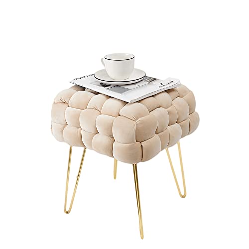 Zedelmaier Moderner Velvet Kosmetik Hocker, Quadratisch Ottoman-Fußhockermit goldfarbenen Metallbeinen, Gepolsterte Sitzhocker,Strick Samt Hocker (Beige, 38x38x41.5cm) von Zedelmaier