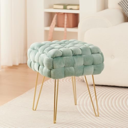 Zedelmaier Moderner Velvet Kosmetik Hocker, Quadratisch Ottoman-Fußhockermit goldfarbenen Metallbeinen, Gepolsterte Sitzhocker,Strick Samt Hocker (Hellgrün, 38x38x41.5cm) von Zedelmaier