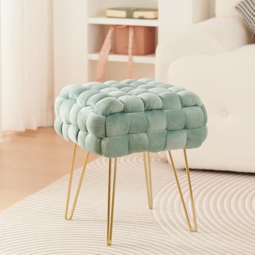 Zedelmaier Moderner Velvet Kosmetik Hocker, Quadratisch Ottoman-Fußhockermit goldfarbenen Metallbeinen, Gepolsterte Sitzhocker,Strick Samt Hocker (Hellgrün, 38x38x41.5cm) von Zedelmaier