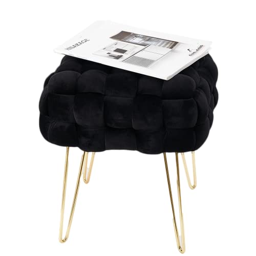 Zedelmaier Moderner Velvet Kosmetik Hocker, Quadratisch Ottoman-Fußhockermit goldfarbenen Metallbeinen, Gepolsterte Sitzhocker,Strick Samt Hocker (Schwar, 38x38x41.5cm) von Zedelmaier