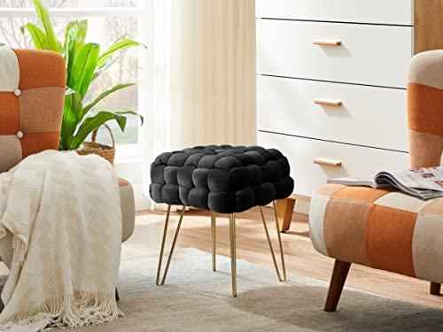 Zedelmaier Moderner Velvet Kosmetik Hocker, Quadratisch Ottoman-Fußhockermit goldfarbenen Metallbeinen, Gepolsterte Sitzhocker,Strick Samt Hocker (Schwar, 38x38x41.5cm) von Zedelmaier