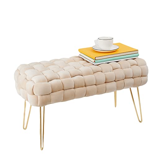 Zedelmaier Moderner Velvet SitzBank, Quadratisch Ottoman-Fußhockermit goldfarbenen Metallbeinen, Gepolsterte SitzBank,Strick Samt Bank (Beige, 70x38x41.5cm) von Zedelmaier