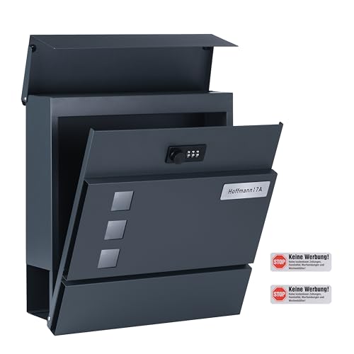 Zedelmaier Personalisiert Briefkasten mit Edelstahl Namensschild Wandbriefkasten mit Zahlenschloss Postkasten Briefkästen mit Zeitungsfach Mailbox Anthrazit (10 X 31 X 33 cm) von Zedelmaier