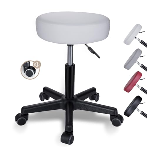Zedelmaier Rollhocker Bürohocker höhenverstellbar 360°drehbarer Arbeitshocker mit Rollen und 10cm Polsterung Sitzhöhe 46–60cm belastbar bis 130 kg Friseurhocker Kosmetikhocker(Weiß) von Zedelmaier