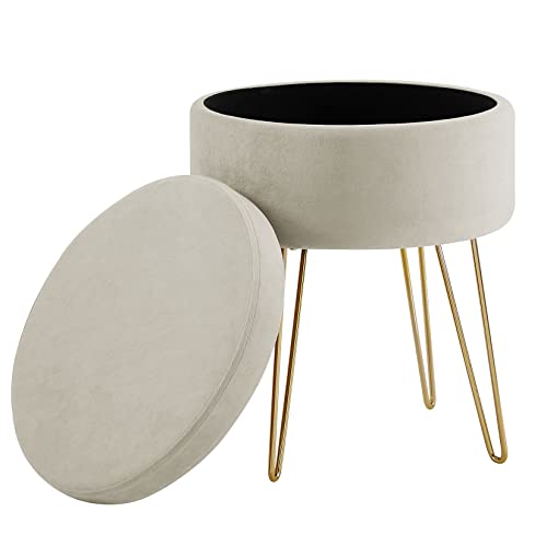 Zedelmaier Runder Sitzhocker Schminktisch Hocker Ottoman Gepolsterter Hocker Abnehmbarer Bezug Metallstütze (Beige) von Zedelmaier