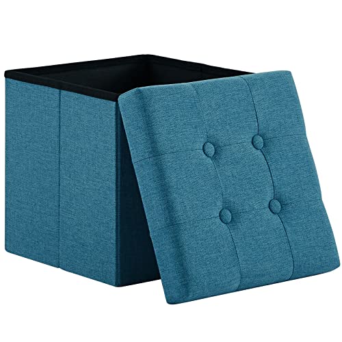 Zedelmaier Sitzhocker mit Stauraum, Fußbank Truhen Aufbewahrungsbox faltbar belastbar bis 300 kg, Leinen, 38 x 38 x 38 cm (Blau) von Zedelmaier