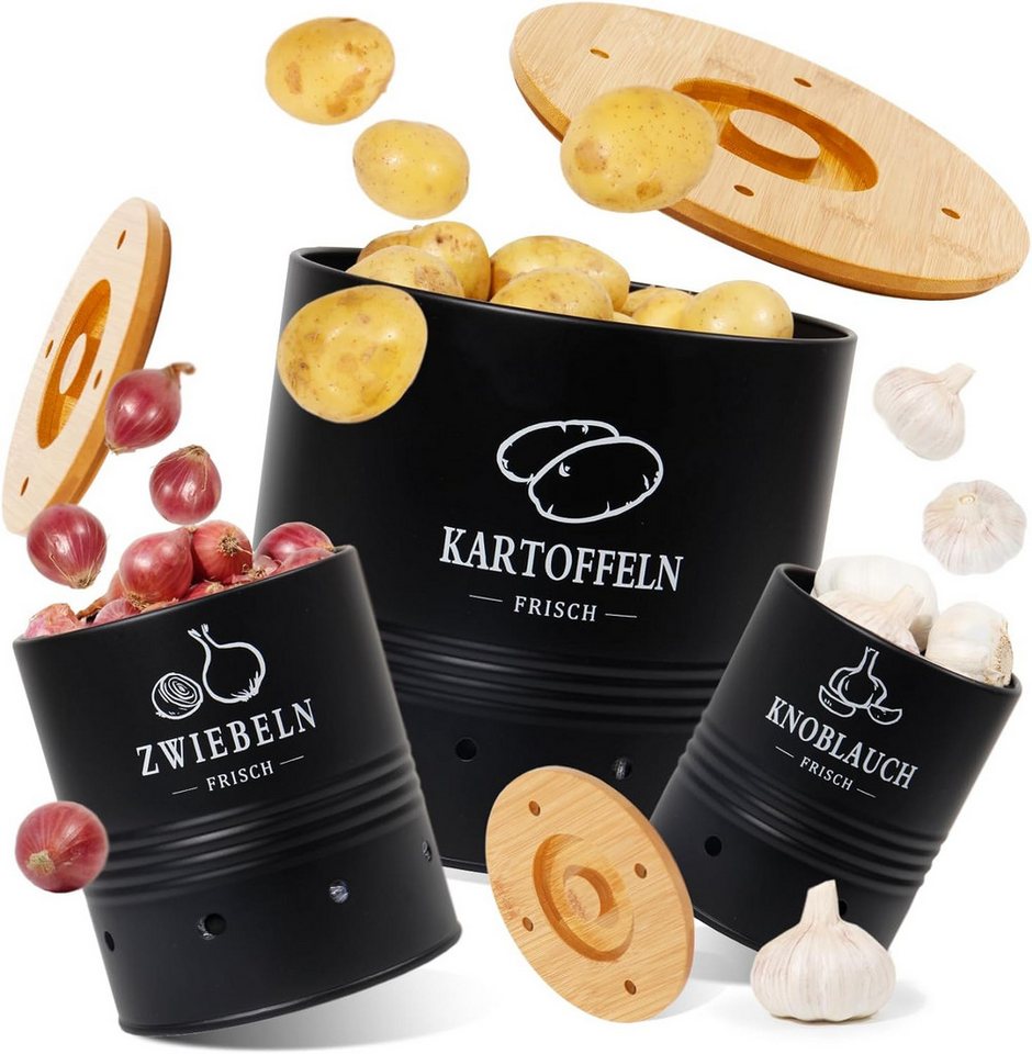 Zedelmaier Vorratsdose Vorratsdosen für Kartoffeln,Zwiebeln,Knoblauch, Runden, (Set, Set of 3), 360° Luftzirkulation, mit Bambusdeckel, Hält das Gemüse frisch von Zedelmaier