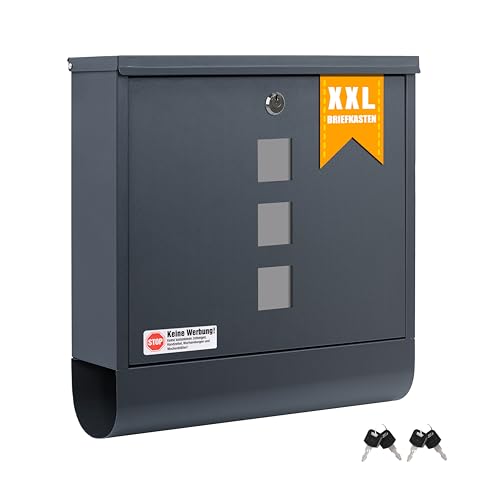 Zedelmaier XXL Personalisiert Briefkasten mit Edelstahl Namensschild 35 x 35 cm mit 4 Schlüsseln für B5&C4 Umschlag Wandbriefkasten Mailbox Briefkästen mit Zeitungsfach RAL7016 Anthrazit von Zedelmaier