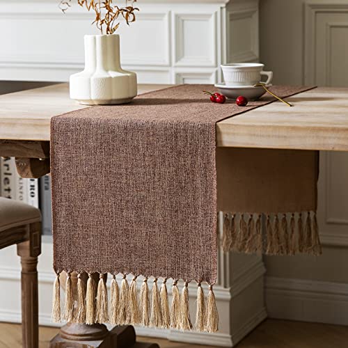 ZeeMart Braune Tischläufer, 121 cm lang, Jute-Leinen-Stil, rustikaler Bauernhaus-Tischläufer, Kleiner kurzer Boho-Couchtischläufer, 33 x 122 cm, Braun von ZeeMart