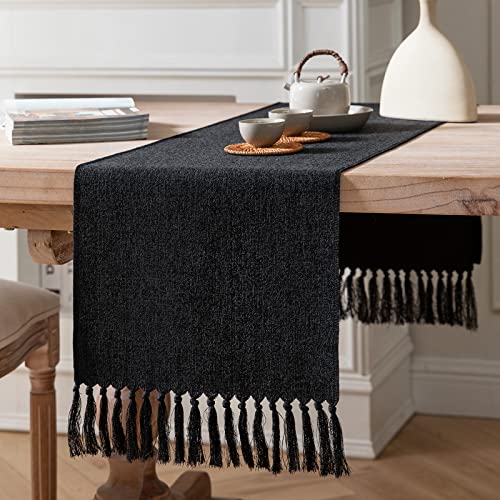 ZeeMart Schwarze Tischläufer 121 cm lang, Jute-Leinen-Stil, rustikaler Bauernhaus-Tischläufer, kleiner kurzer Boho-Couchtischläufer, 33 x 122 cm, Schwarz von ZeeMart