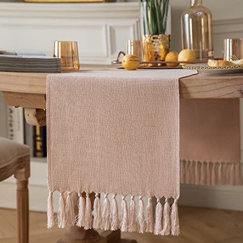 ZeeMart Tischläufer im Landhausstil, 228 cm lang, Jute-Leinen-Stil, rustikaler Bauernhaus-Tischläufer, langer Boho-Esstischläufer, 33 x 228 cm, Zartrosa von ZeeMart