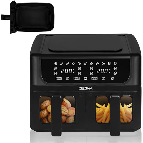 ZEEGMA KNAPPER DUAL Heißluftfritteuse 1700 W, 2 Fächer, 9 L Fassungsvermögen, Timer bis zu 60 Min., 11 Programme, Temperatur 60-200 °C Sofortige Erwärmung 60 Sek. Touch-Bedienfeld von Zeegma