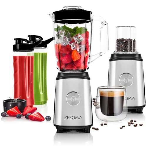 ZEEGMA Vitamine Multifunktion 4-in-1 Standmixer 1050W mit 1L Krug, Elektrischer Juicer Blender, Smoothie Maker mit Safe Lock, Kaffeemühle, Kreuzklingen, 2x Klingen-Sätze, 2x 600ml Travel Sportflaschen von Zeegma