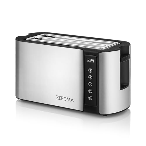 ZEEGMA TOSTEE CHEF 4-Scheiben-Edelstahl-Brottoaster, Brötchenhalter, 1500 W, Auftauen, Aufwärmen & Stoppen, Krümelfach, LED-Timeranzeige, 7 Stufen von Zeegma