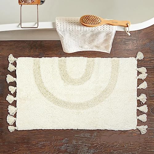 Boho-Badezimmerteppich mit Quasten, 100 % Baumwolle, handgewebt, rutschfest, saugfähig, Badteppiche mit Teppich-Pad, waschbar, Boho-Badematte, Teppich für Badewanne, Dusche, 50,8 x 81,3 cm Boho-Badezimmerteppich mit Quasten, 100 % Baumwolle, handgewebt, rutschfest, saugfähig, Badteppiche mit Teppich-Pad, waschbar, Boho-Badematte, Teppich für Badewanne, Dusche, 50,8 x 81,3 cm von Zeeinx