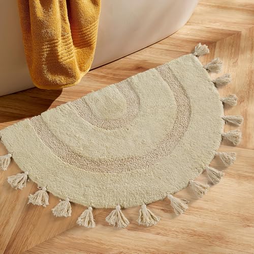 Halbkreis-Boho-Badezimmerteppich mit Quasten, 100 % Baumwolle, handgewebt, rutschfest, saugfähig, Häkelteppich, waschbar, Boho-Badematte, Teppich für Badewanne, Dusche, 70 cm Halbkreis-Boho-Badezimmerteppich mit Quasten, 100 % Baumwolle, handgewebt, rutschfest, saugfähig, Häkelteppich, waschbar, Boho-Badematte, Teppich für Badewanne, Dusche, 70 cm von Zeeinx