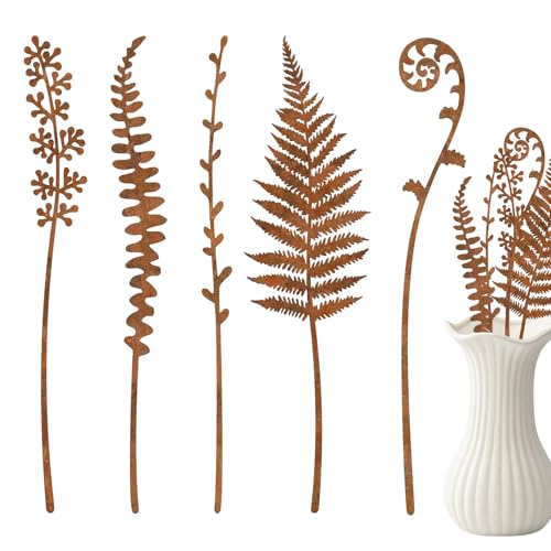 Zegaqae Rostige Gartenstäbe | 5er Set Rustikale Gartendekoration Für Draußen Mit Rostoptik,Retro Farmhaus Deko Mit Farn Und Für Rasen Terrasse Poolbereich von Zegaqae
