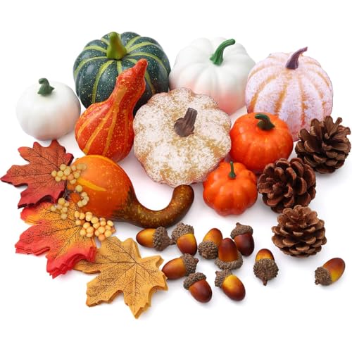 141 Stück Künstliche Kürbisse Set,Herbst Künstliche Ahornblätter,Kleine Eicheln,Tannenzapfen,Thanksgiving Dekoration Set,Kürbis Herbst Deko Set für Thanksgiving-Halloween-Party-Dekoration von ZeiLaBang Kakadi