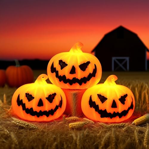 3 Stück Halloween Laterne,Herbstdeko Kürbis mit LED Licht,Halloween Deko Licht,Leuchtende Kürbislaterne, Laterne Outdoor mit LED Kerze für Herbstdeko, Innen Außenlaterne Dekorationen von ZeiLaBang Kakadi