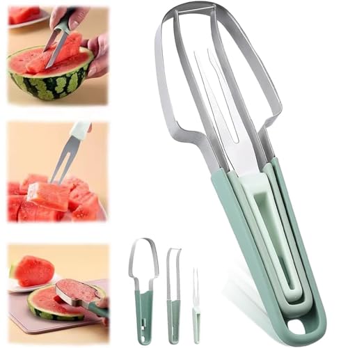 3-in-1 Wassermelonen Schneider,Obstschneider aus Edelstahl,Doppelkopf-Obstgabeln-Schneidemesser,Melonenschneider Edelstahl,für DIY-Obstsalate Sommer Fruchtschneidegabel von ZeiLaBang Kakadi
