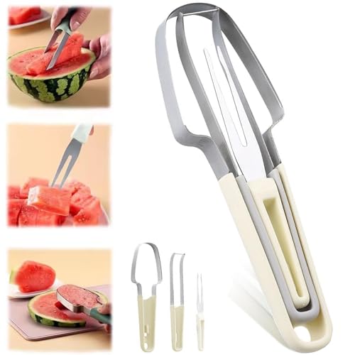3-in-1 Wassermelonen Schneider,Obstschneider aus Edelstahl,Doppelkopf-Obstgabeln-Schneidemesser,Melonenschneider Edelstahl,für DIY-Obstsalate Sommer Fruchtschneidegabel von ZeiLaBang Kakadi