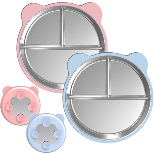 Baby Teller mit Saugnapf,Edelstahl Saugnapf Teller,Edelstahl-Material Kinderteller,Kinderteller mit Saugnapf,Auto Baby Saugnapf Geschirr,Geteilte Standfeste Babyteller (Blau+Rosa-2Pcs) von ZeiLaBang Kakadi