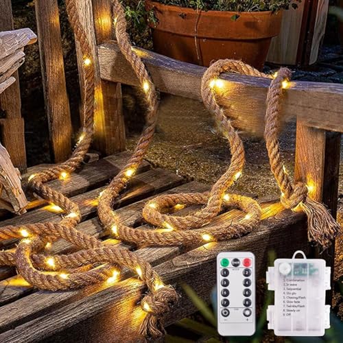 LED Hanfseil Lichterkette,5M 100LED Batteriebetrieben,8 Modi Seil Lichterkette Innenbereich von mit Fernbedienung, Hanfseil Lichterkette Seil Licht für Weihnachten, Party, Hochzeit, Garten Deko von ZeiLaBang Kakadi