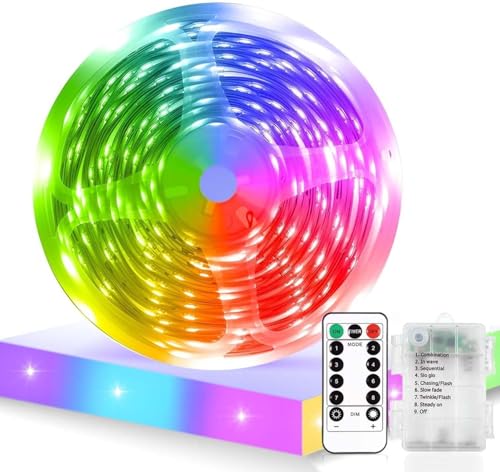 ZeiLaBang Kakadi 5M LED Strip Batteriebetrieben,LED Streifen Batterie,8 Modi Selbstklebende Lichtleisten,LED Lichtleiste Batterie mit Timer für Schränke, Treppen, Küche, Betten von ZeiLaBang Kakadi