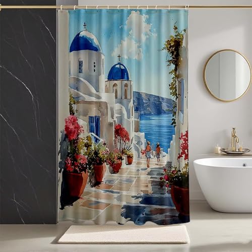 Duschvorhang Blau Duschvorhang 140x200cm, HD Druck Duschrollo Stadt Duschrollo für Badewanne Polyester Textil Shower Curtains mit 12 Duschvorhangringe Shower Curtain für Badezimmer Deko -zpg2507318 von Zeipopge