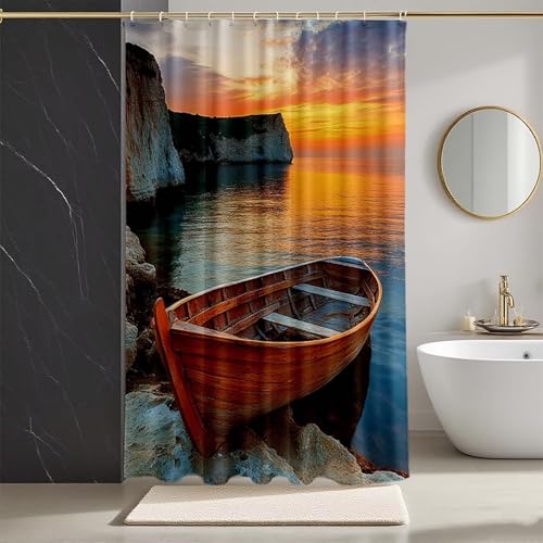 Duschvorhang Gelb Duschvorhang 80x200, HD Druck Duschrollo Boot Duschrollo für Badewanne Polyester Textil Shower Curtains mit 12 Duschvorhangringe Shower Curtain für Badezimmer Deko, Bad -zpg250735A von Zeipopge