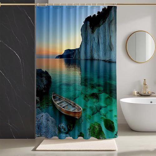 Duschvorhang Landschaft Duschvorhang 140x200 cm, Duschrollo Boot Duschrollo für Badewanne Polyester Textil Shower Curtains mit 12 Duschvorhangringe Shower Curtain für Badezimmer Deko -zpg25073PC von Zeipopge