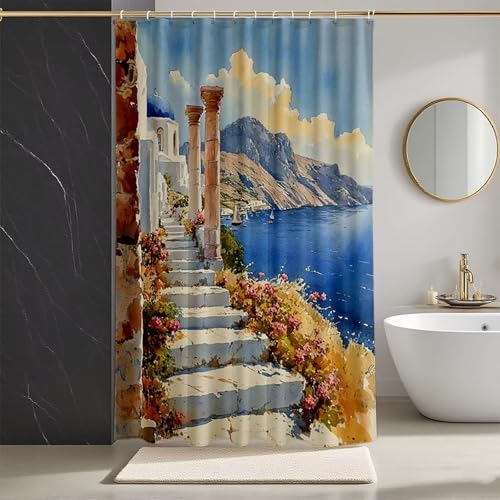Duschvorhang Weiß Duschvorhang 160x200 cm, Duschrollo Landschaft Duschrollo für Badewanne Polyester Textil Shower Curtains mit 12 Duschvorhangringe Shower Curtain für Badezimmer Deko -zpg25073Z2 von Zeipopge