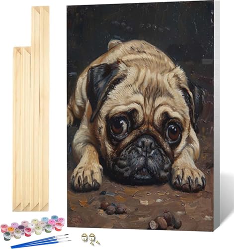 Malen Nach Zahlen Erwachsene Hund Malen Nach Zahlen Erwachsene mit Rahmen, Paint by Numbers Mops Paint by Numbers Adult mit 3 Pinseln und Acrylfarben für Zimmer Deko, Geschenke (20x30cm) -6083 von Zeipopge