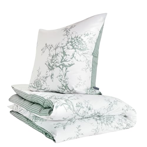 Zeitgeist Cholet Bettwäsche 155x220 cm - 100% Baumwolle, Reißverschluss, 2tlg Bettwäsche Set Blumen grün weiß von Zeitgeist