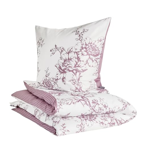 Zeitgeist Ibena Cholet Bettwäsche 135x200 cm – Baumwoll Bettwäsche-Set 2 TLG. Blumen und Streifen rosa weiß, mit Reißverschluss 1x 135x200 cm + 1x 80x80 cm von Zeitgeist