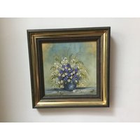Kleines Ölgemälde Stilleben Blume Vase Blumenstrauß 80Erjahre Blaue Und Weisse Blümchen von ZeitlosSchoen