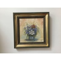 Kleines Ölgemälde Stilleben Blume Vase Blumenstrauß 80Erjahre Sommerblumen in Weiß, Blau, Rot von ZeitlosSchoen