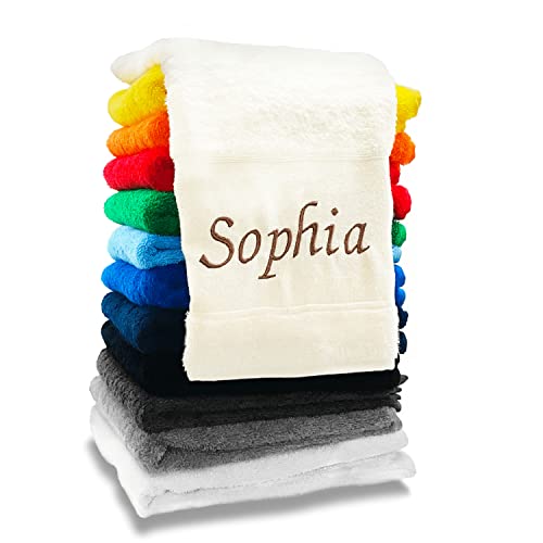 Handtuch mit Namen | Personalisierte Handtücher in 3 Größen | Badetuch, Duschtuch mit Namen Bestickt aus Baumwolle | Saunatuch Groß | Badehandtuch Bestickt mit Wunschtext (50 x 100 cm, Gelb) von Zelaro