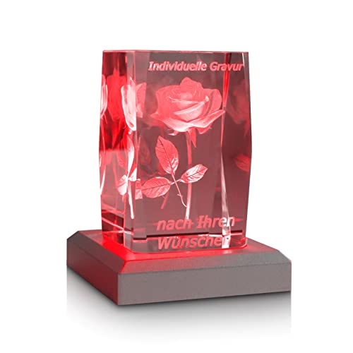Zelaro Glaskristall 3D Rose - Personalisierte Geschenke für Frauen und Männer – Geschenkidee zum Valentinstag, Muttertag oder Jahrestag ideal für Freundin, Freund und Partner (LED Sockel in Silber) von Zelaro