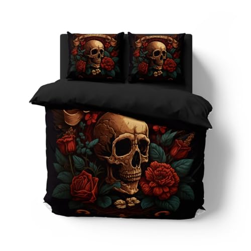 Zelbuck 3D Totenkopf Bettbezug Mit Reißverschluss Totenkopf Bettwäsche 135x200 Schädel Halloween Bettbezug Set Weiche Komfort Microfaser Bettwäsche (A3,200x200/80x80cm) von Zelbuck