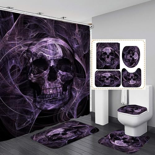 Zelbuck Halloween Duschvorhang Set Skull Totenkopf Duschvorhang Skelett Wasserdichter Stoff, Badezimmer-Dekor-Set Mit Haken,4pcs Toilettendeckelabdeckung Badematte (A7,180x180 cm) von Zelbuck