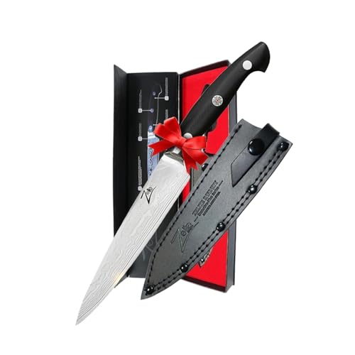 Zelite Damastmesser, Scharfes Allzweckmesser, 15,2cm Küchenmesser, Japanisches Messer für Gastro, Profi Santoku Messer Scharf, Damast Kochmesser, Damastmesser mit Lederetui und Mosaiknieten von Zelite Infinity