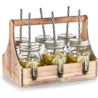 Box für Trinkgläser-Set, 6 x Glas mit Stroh, Holz, ZELLER von Zeller