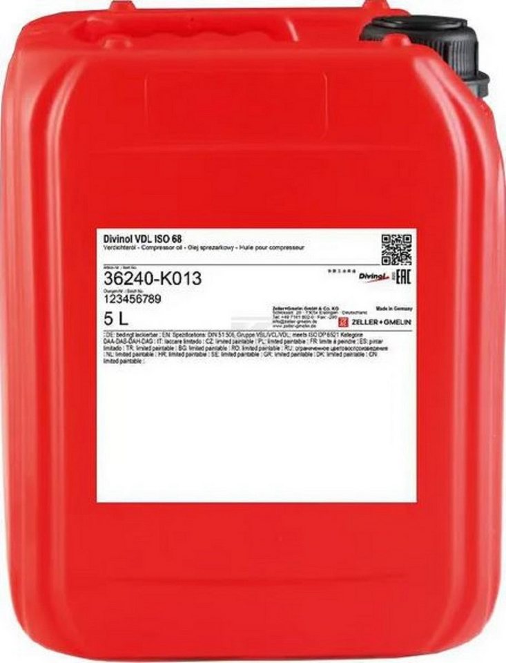 Zeller Kettenöl Divinol Kompressoröl VDL ISO 68 5 Liter 36240-5 Zeller Kettenöl Divinol Kompressoröl VDL ISO 68 5 Liter 36240-5 von Zeller