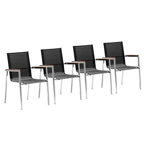 Zelsius 4X Premium Gartenstuhl aus Edelstahl mit Teak Holz Armlehne | 55 x 56 x 88 cm | schwarz | Balkonstuhl für Garten und Terrasse | Stapelbar und Wetterfest | Terrassenstuhl, Gartensessel, Balkon von Zelsius