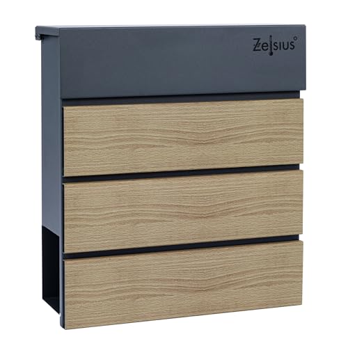 Zelsius Briefkasten Wood mit Zeitungsfach | Postbox in RAL7016 Anthrazit mit Holzoptik | integrierter Soft-Close-Effekt | Wand- oder Ständermontage | Briefbox, Wandkasten, Postkasten, Mailbox von Zelsius