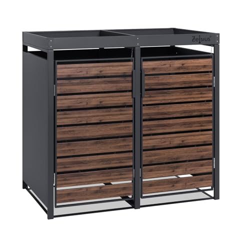 Zelsius Mülltonnenbox 2 Tonnen mit Pflanzdach | (B) 132 x (T) 80 x (H) 124 cm | Anthrazit RAL 7016 | Tür in dunkelbrauner Holzoptik mit Erweiterungsmöglichkeit | Mülltonnenverkleidung von Zelsius