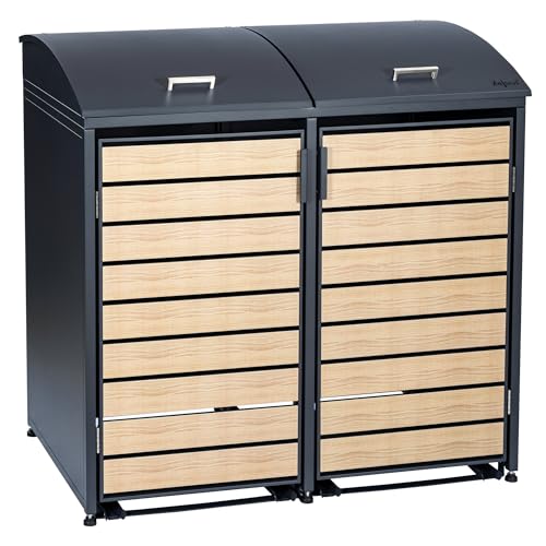 Zelsius Mülltonnenbox 2er Mülltonne mit abgerundetem Deckel | 120-240 Liter | Anthrazit RAL7016 | Tür in Holzoptik mit Erweiterungsmöglichkeiten | Mülltonnenhäusschen, Mülleimerboxen von Zelsius