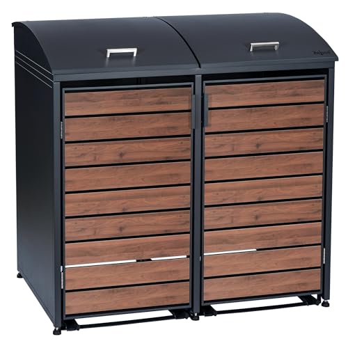 Zelsius Mülltonnenbox 2er Mülltonne mit abgerundetem Deckel | 120-240 Liter | Walnuss, Anthrazit RAL7016 | Tür in Holzoptik mit Erweiterungsmöglichkeiten | Mülltonnenhäusschen, Mülleimerboxen von Zelsius